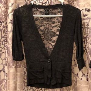 3 quarter length sleeve grey sweater with lace